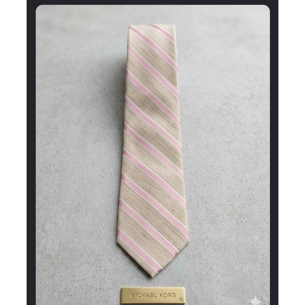 Michael Kors Mens Tan Pink White Striped Linen Blend Necktie Tie